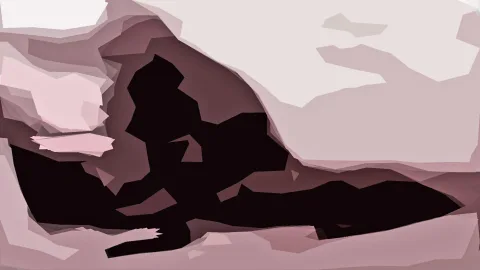 Abstrakte Komposition aus flachen rosa, mauve und braunen Flächen, in der Mitte eine große, fast schwarze Form