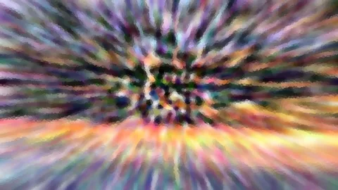 Abstraktes Bild mit radialen, verwischten Streifen in Violett, Gelb, Orange und Grün, die von einem dunklen, bunt gesprenkelten Zentrum nach außen laufen. Die Struktur wirkt mosaikartig gepixelt.