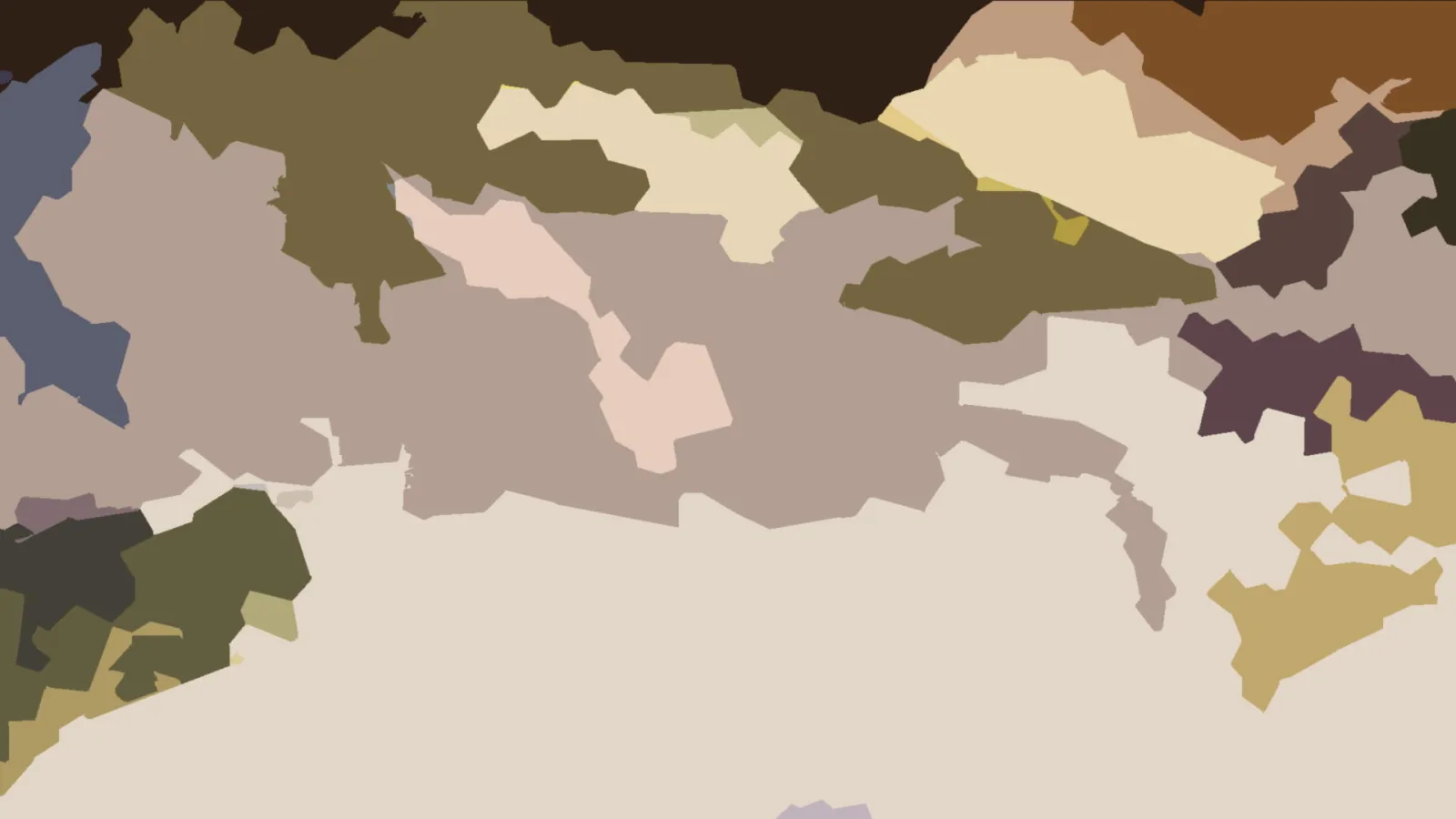 Abstrakte Komposition aus unregelmäßigen, flächigen Formen in Beige, Khaki, Oliv, Braun, Dunkelgrau, Blassrosa und Blaugrau.