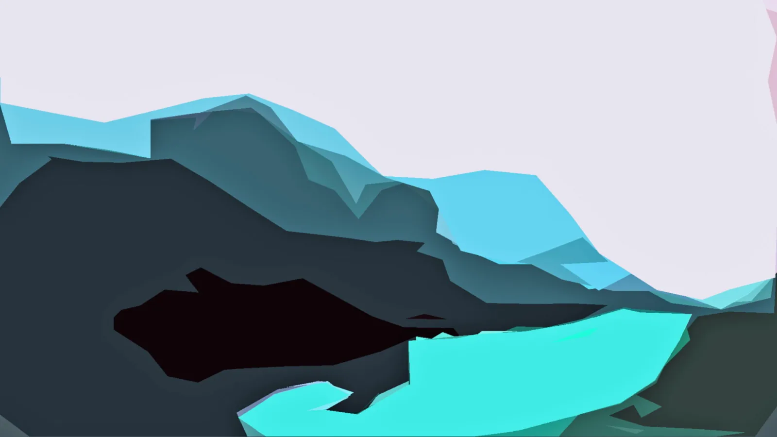 Abstrakte Berglandschaft aus kantigen Flächen in Türkis, Blaugrau und Schwarz, darunter eine leuchtend türkise Fläche, oben ein helles Lavendelgrau.
