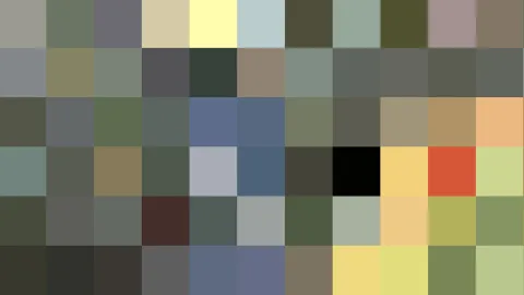 Raster aus farbigen Quadraten in Oliv, Grau, Blaugrau mit einzelnen gelben, orangeroten und schwarzen Feldern.