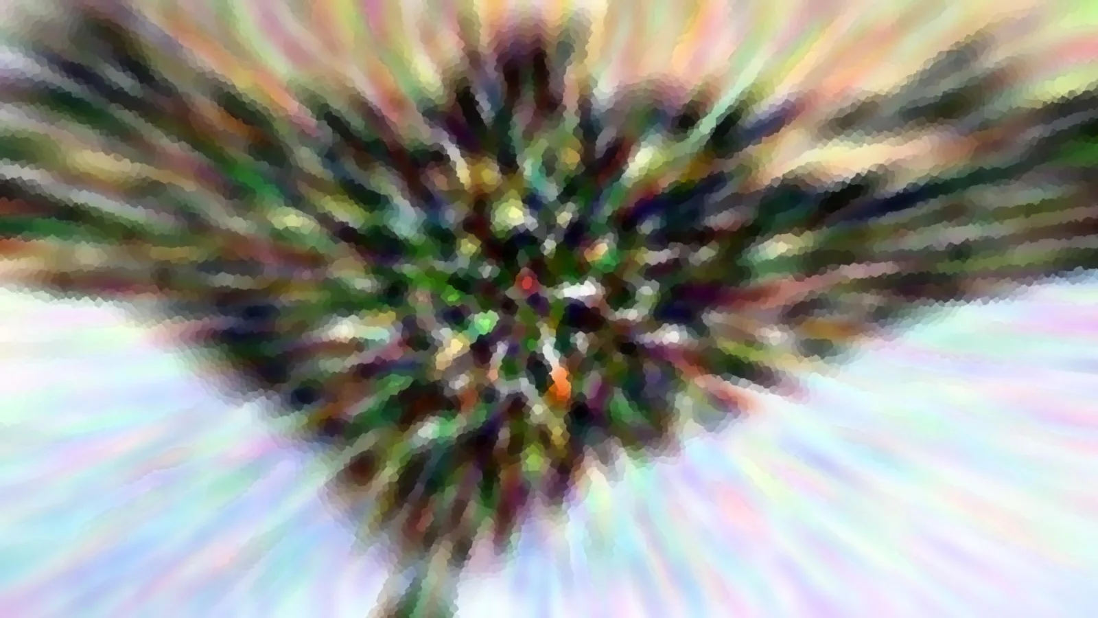 Abstrakte Komposition aus einem dunklen, grün-bunten Zentrum, von dem helle pastellfarbene Streifen radial nach außen laufen, mosaikartig pixelig.