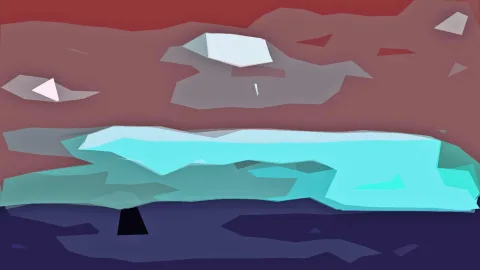 Abstrakte Komposition aus kantigen Flächen: oben rötlich, in der Mitte ein helles türkisfarbenes Band, unten dunkles Marineblau mit einer schwarzen Spitze.