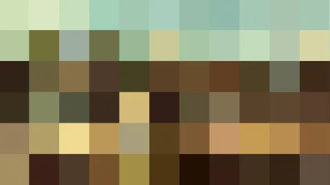 Mosaik aus quadratischen Farbfeldern in Grün, Olivgrün, Braun, Ocker und Dunkelbraun, oben heller, unten dunkler.