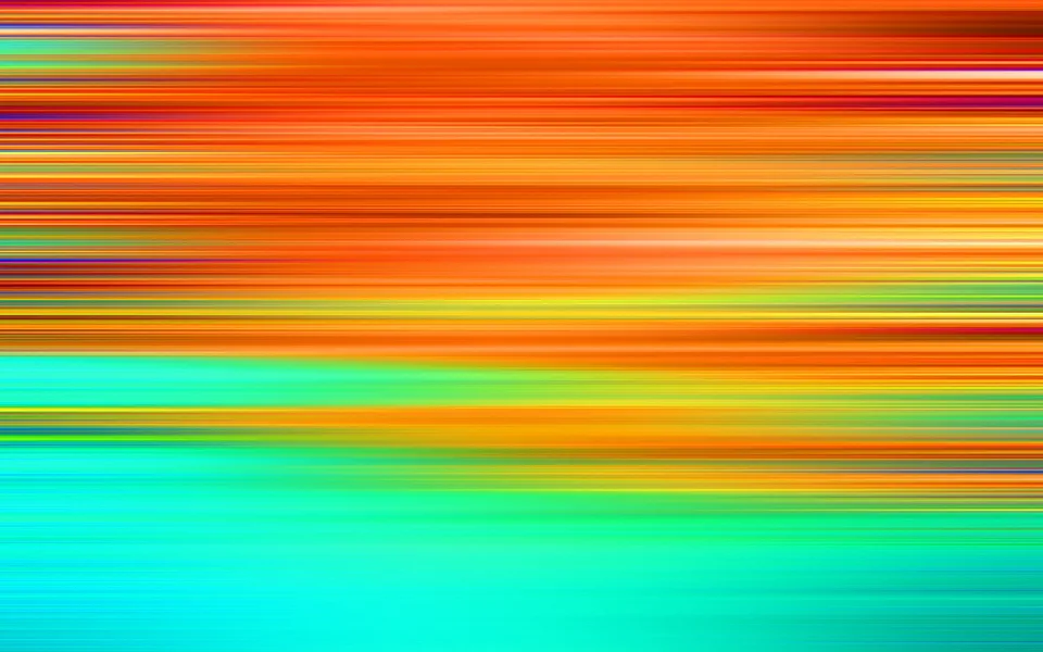 Horizontale Streifen in Orange, Rot und Gelb gehen nach unten in leuchtende Türkistöne über.