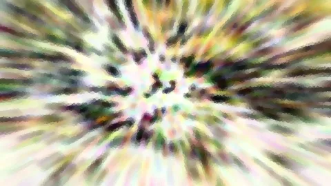 Abstraktes Bild mit radialer Unschärfe, die von einem hellen Zentrum nach außen strahlt, in Pastelltönen wie Gelb, Grün, Rosa und Weiß, mit mosaikartiger Pixelstruktur.