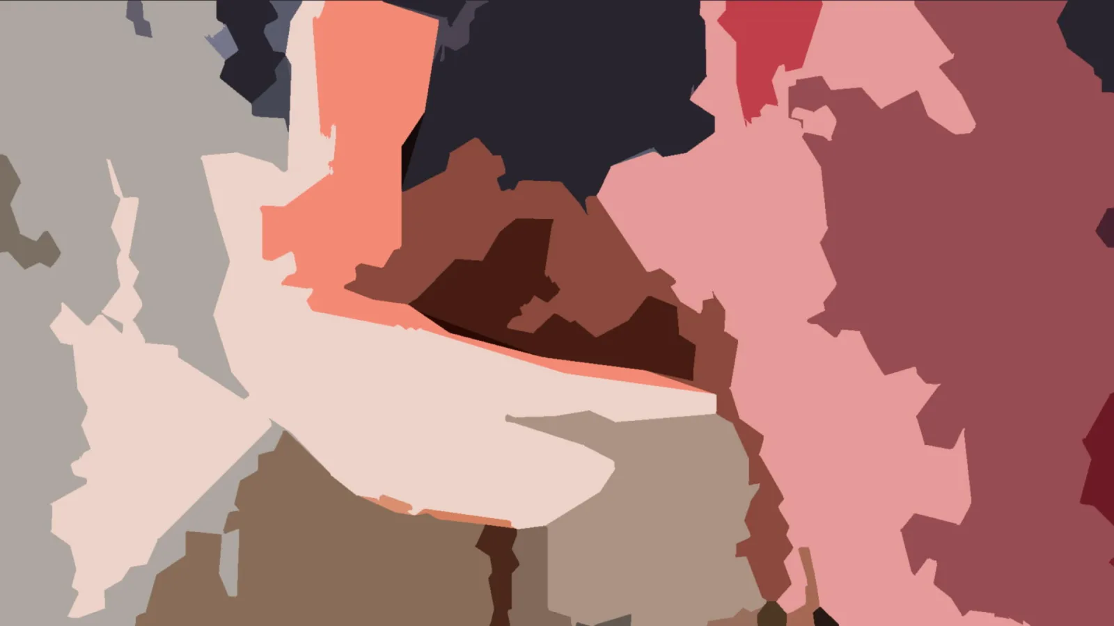 Abstraktes Bild aus unregelmäßigen Farbflächen in Lachs, Rosa, Braun, Grau und Dunkelblau.