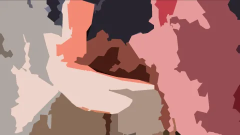 Abstraktes Bild aus unregelmäßigen Farbflächen in Lachs, Rosa, Braun, Grau und Dunkelblau.