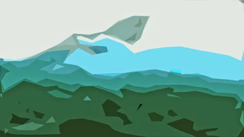 Abstrakte Landschaft aus flächigen Dreiecksformen: dunkelgrüne Hügel, türkisfarbenes Wasser und ein heller, fast weißer Himmel.