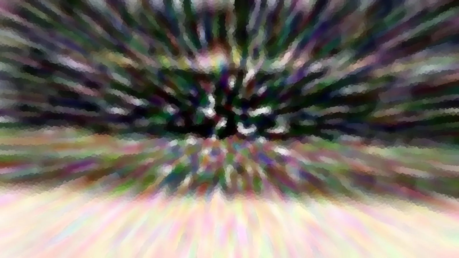 Abstrakte Komposition aus radial von der Mitte nach außen laufenden, verwischten Farbstrahlen in Grün, Violett und Rosa, oben dunkel, unten hell.