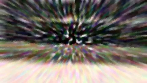 Abstrakte Komposition aus radial von der Mitte nach außen laufenden, verwischten Farbstrahlen in Grün, Violett und Rosa, oben dunkel, unten hell.