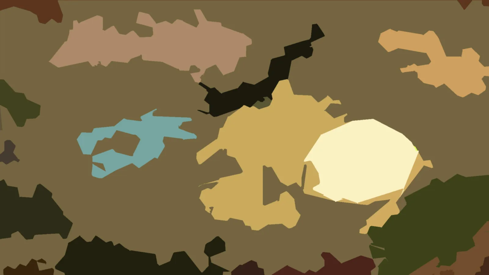 Abstraktes Muster aus unregelmäßigen Flächen in Oliv, Beige, Schwarz, Hellgelb und Türkis auf einem olivfarbenen Grund.