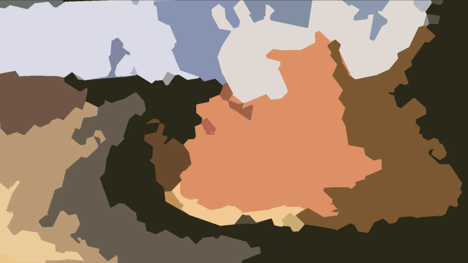 Abstrakte Komposition aus flachen, unregelmäßigen Farbflächen in Orange, Braun, Creme, Hellblau und Grau, umrahmt von dunklen Bereichen.