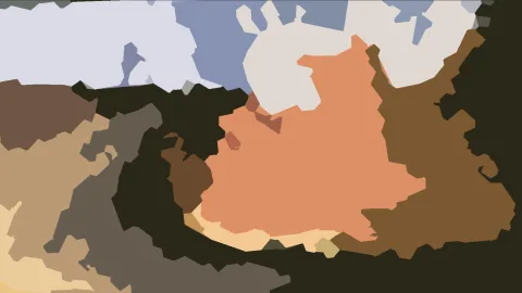 Abstrakte Komposition aus flachen, unregelmäßigen Farbflächen in Orange, Braun, Creme, Hellblau und Grau, umrahmt von dunklen Bereichen.