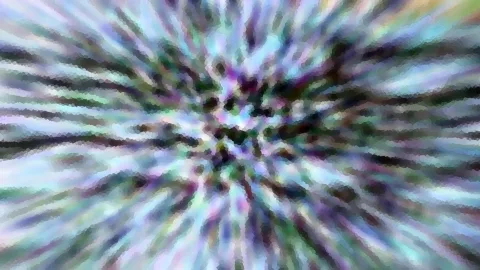 Abstrakte Komposition aus bunten, vom Zentrum radial ausstrahlenden Schlieren in Blau, Violett und Grün, mosaikartig gepixelt.