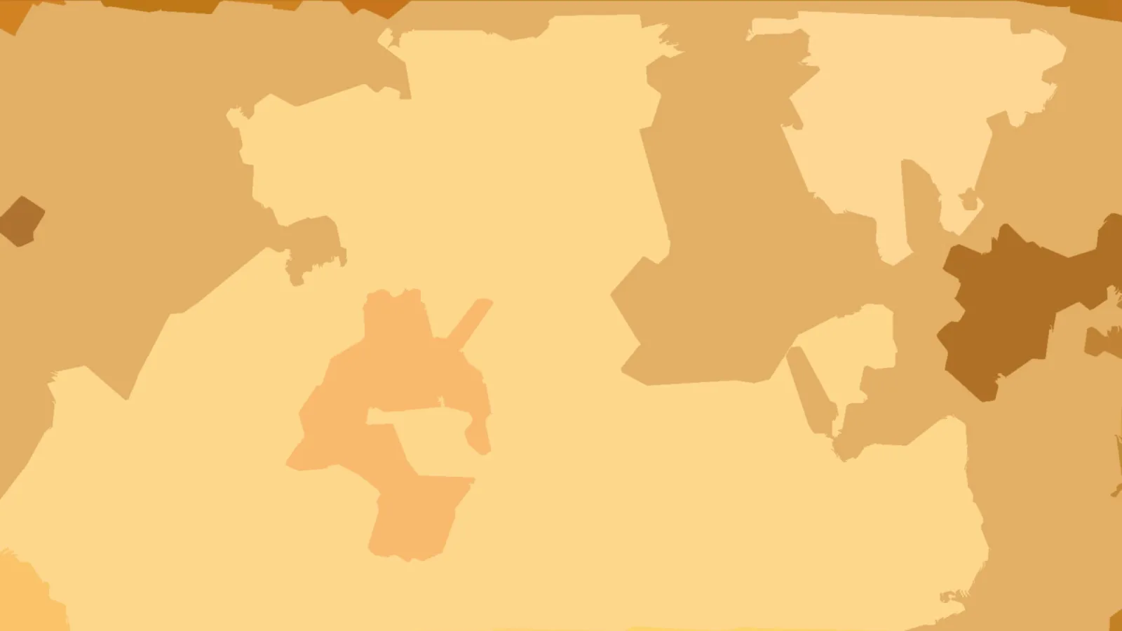 Abstrakte Komposition aus flachen, eckigen Formen in Beige, Ocker und Orange, mit einer dunkelbraunen Fläche rechts.
