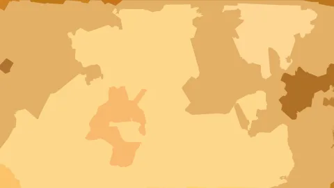 Abstrakte Komposition aus flachen, eckigen Formen in Beige, Ocker und Orange, mit einer dunkelbraunen Fläche rechts.