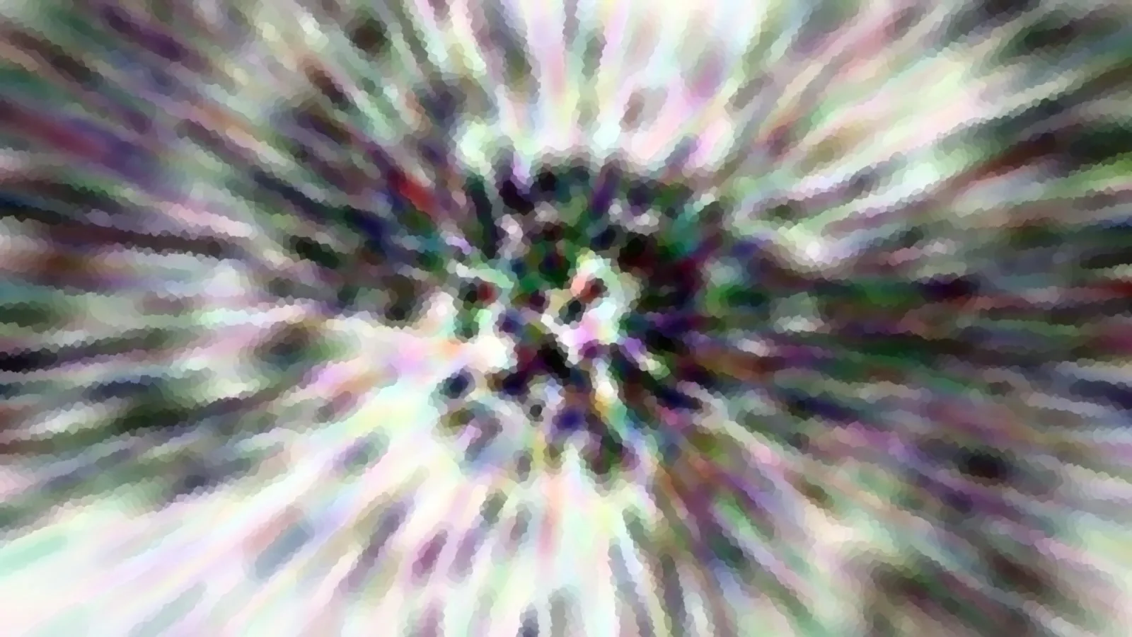 Abstrakte Komposition aus pastellfarbenen Streifen, die von einem dunklen Zentrum radial nach außen strahlen, mit mosaikartiger Körnung.