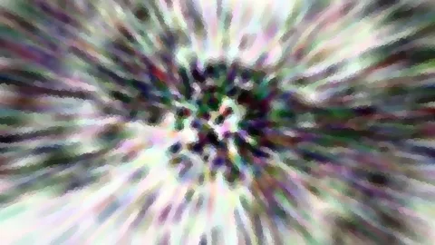 Abstrakte Komposition aus pastellfarbenen Streifen, die von einem dunklen Zentrum radial nach außen strahlen, mit mosaikartiger Körnung.