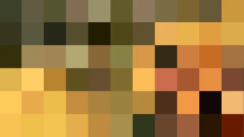 Abstraktes Raster aus quadratischen Farbfeldern in Ocker, Gelb, Orange, Braun und Olivgrün, dunkle Felder vor allem links und unten.