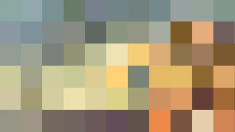 Abstraktes Mosaik aus quadratischen Farbfeldern in Grau, Grün, Ocker, Gelb, Braun und einzelnen Orangetönen, angeordnet in sechs Reihen.