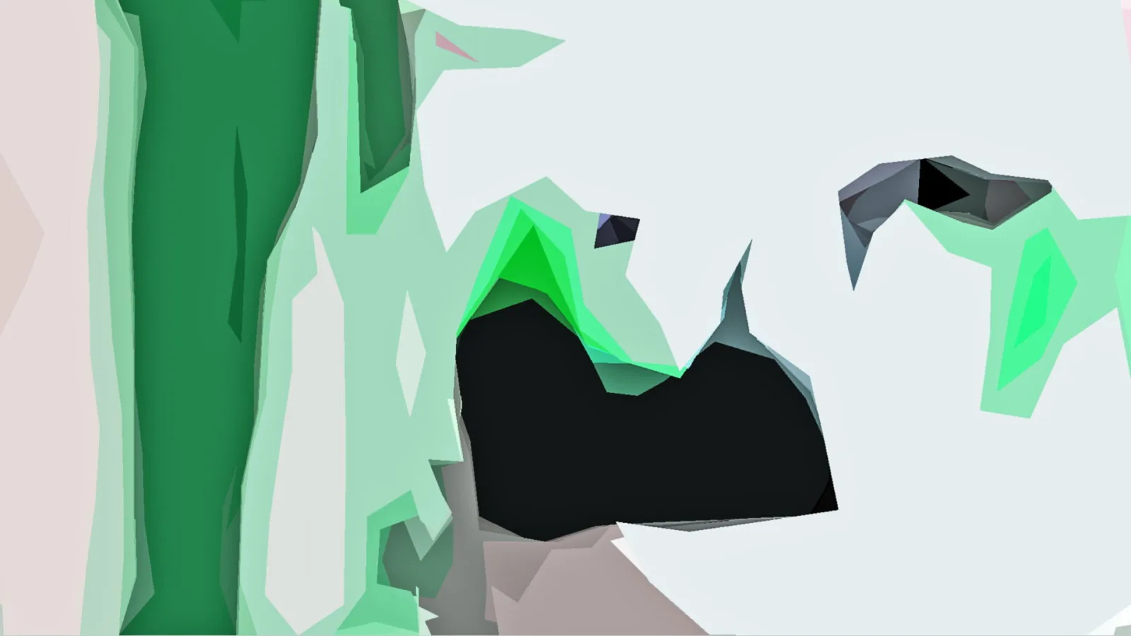 Abstrakte Low-Poly-Form in Grün und Grau mit einer dunklen, höhlenartigen Fläche auf hellem Hintergrund.