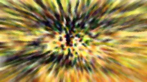 Abstrakte Komposition aus gelben, orangefarbenen, grünen und dunklen Streifen, die vom Zentrum radial nach außen verlaufen, mit pixeliger Mosaikstruktur.