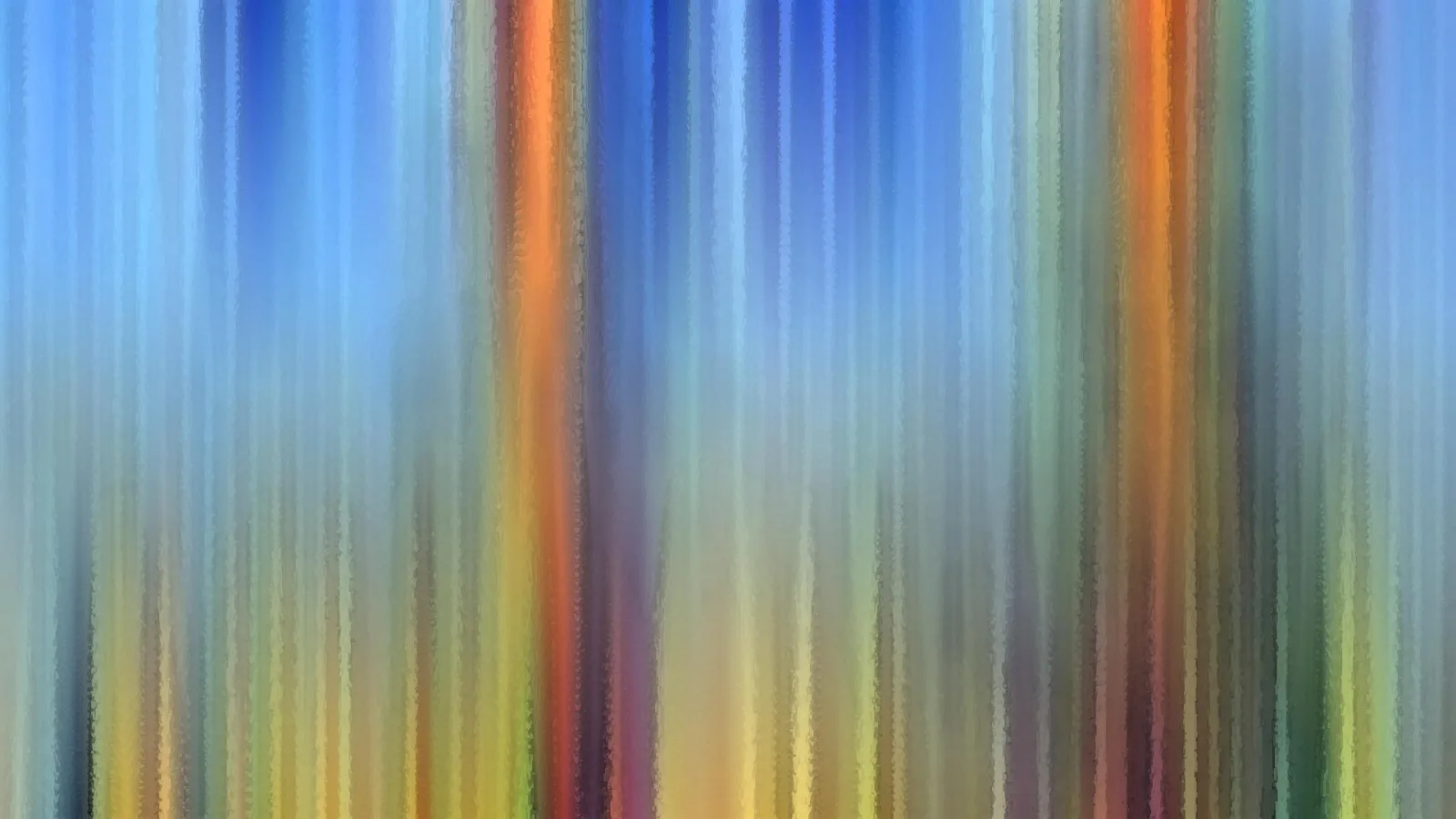 Abstrakte Komposition aus senkrechten, verwischten Streifen in Blau, Orange, Gelb und Grün auf hellem Himmelblau.