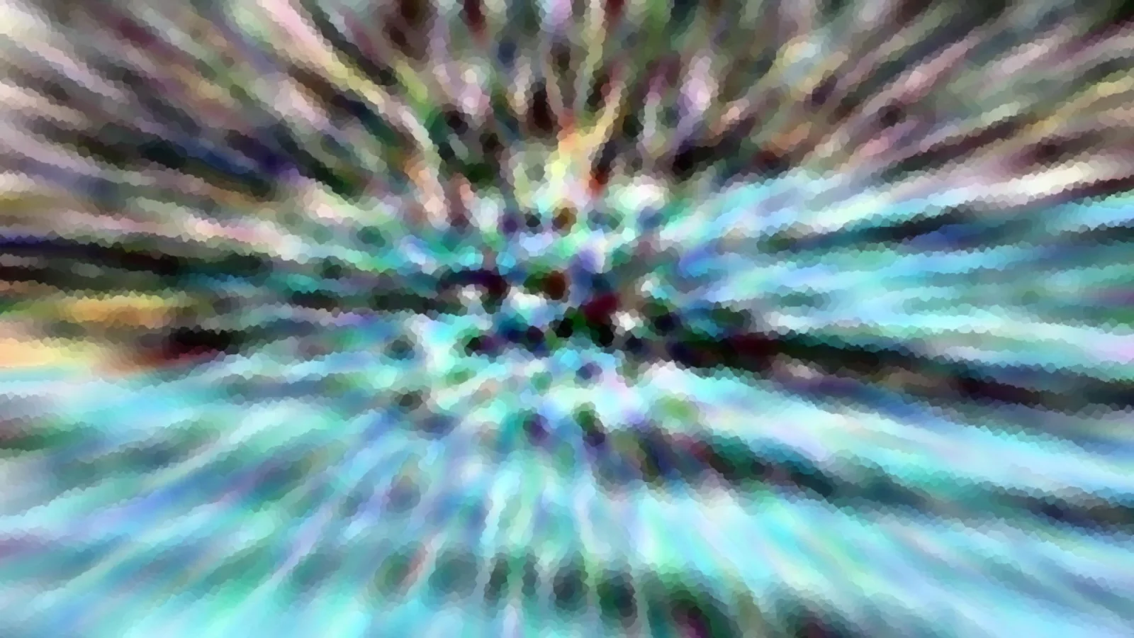 Abstrakte Komposition aus türkisfarbenen, grünen und violetten Streifen, die von einem zentralen Punkt nach außen strahlen, mit körnig pixeliger Struktur.