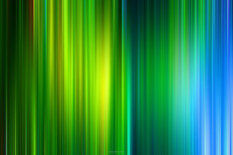 Abstrakter Hintergrund aus vertikalen, unscharfen Streifen in Grün, Gelb und Blau, nach rechts hin heller werdend.