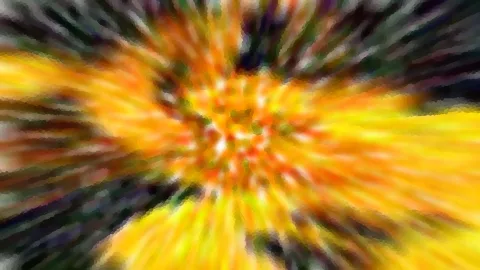 Abstrakte Komposition mit radial von der Mitte ausstrahlenden orangen, gelben und dunkelgrünen Schlieren, mittig ein heller Farbkern.