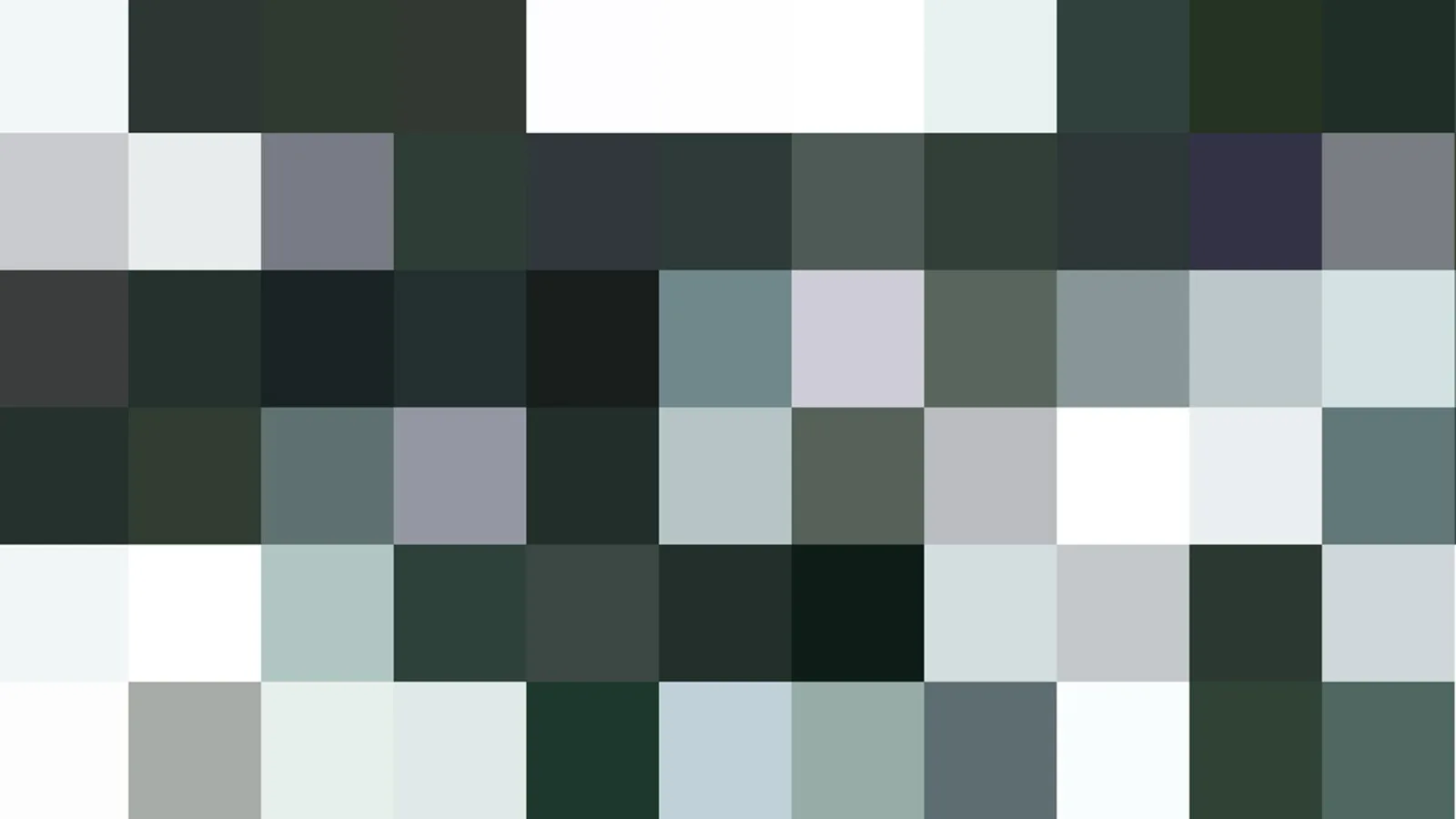 Mosaik aus quadratischen Pixelblöcken in Grau, Dunkelgrün, Weiß und Blaugrau, in fünf Reihen angeordnet.