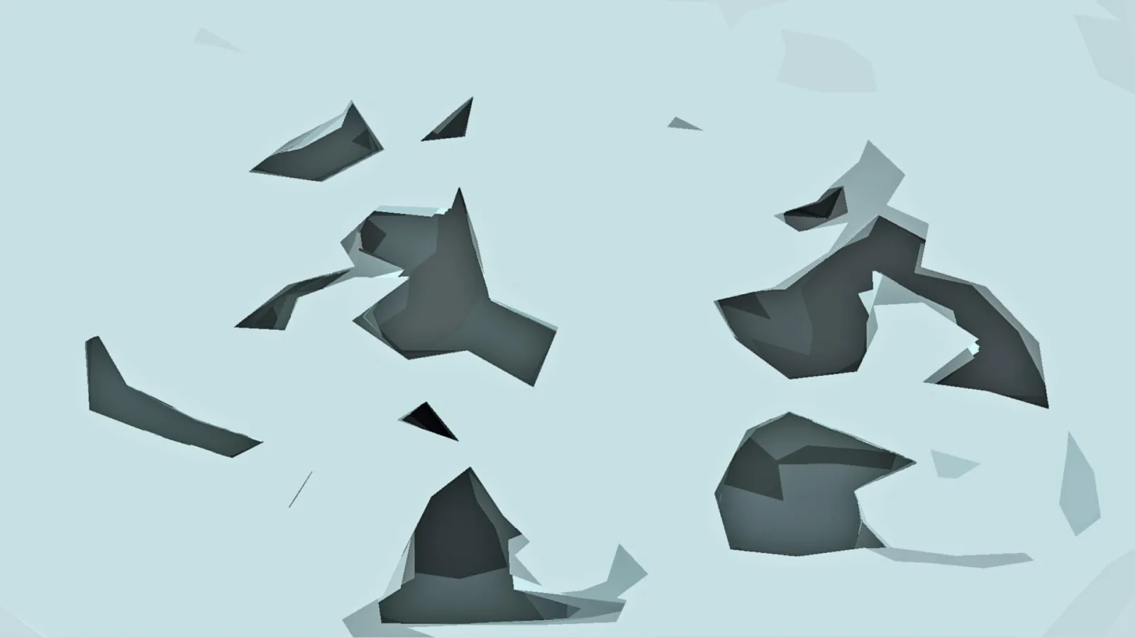 Dunkelgraue, kantige 3D-Formen verteilt auf einem hellblauen Hintergrund.