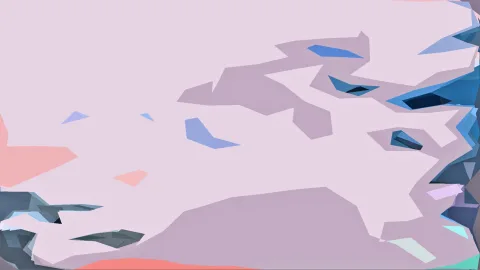Abstrakte Komposition aus flachen, kantigen Formen in Rosa, Blau, Koralle und dunklem Petrol auf hellrosa Grund