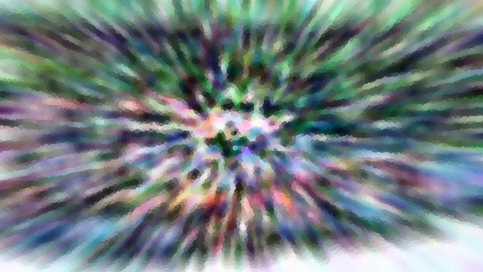 Abstrakte, bunte Radialstruktur mit Zoom-Unschärfe und mosaikartigem Muster in Grün, Lila, Rosa und Weiß, die von einem hellen Zentrum nach außen strahlt.