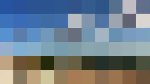 Raster aus farbigen Quadraten, oben blau, in der Mitte hellblau und grau, unten braun und beige.