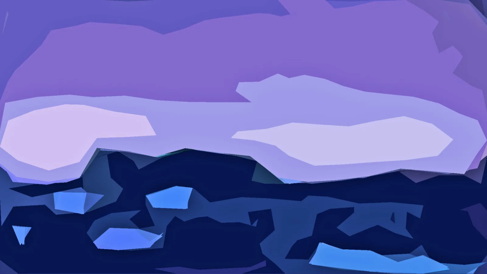 Abstraktes Bild aus flächigen Formen: oben violette und lavendelfarbene Töne, unten dunkles Marineblau mit hellblauen Akzenten.