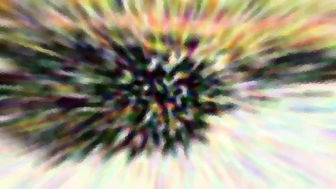 Abstrakte Komposition mit bunten, radial nach außen laufenden Schlieren um ein dunkles, grünlich-violettes Zentrum.