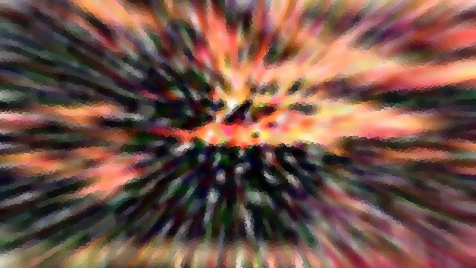 Abstrakte Komposition aus bunten Farbstrahlen in Orange, Pink und Dunkelgrün, die von einem hellen Zentrum nach außen verlaufen und grobkörnig gerastert wirken.