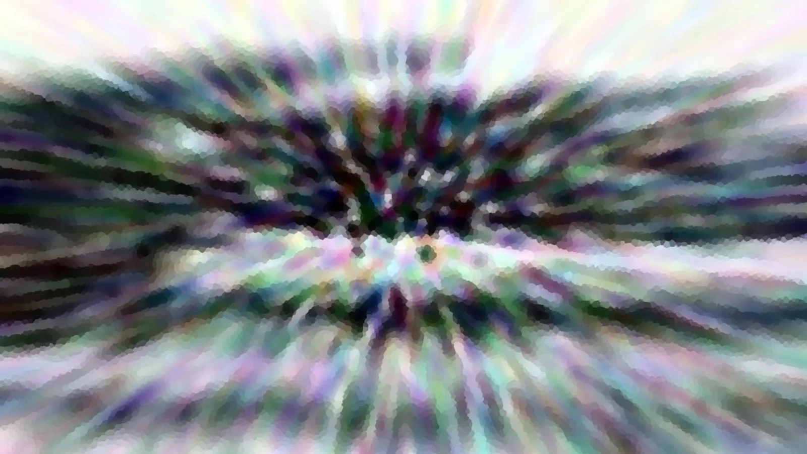 Abstrakte Komposition aus bunten, pastellfarbenen Streifen, die von einem dunklen Zentrum radial nach außen strahlen, mit mosaikartig gepixelter Struktur.