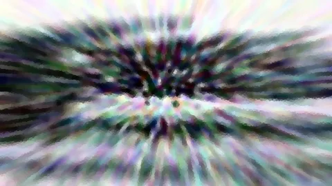 Abstrakte Komposition aus bunten, pastellfarbenen Streifen, die von einem dunklen Zentrum radial nach außen strahlen, mit mosaikartig gepixelter Struktur.