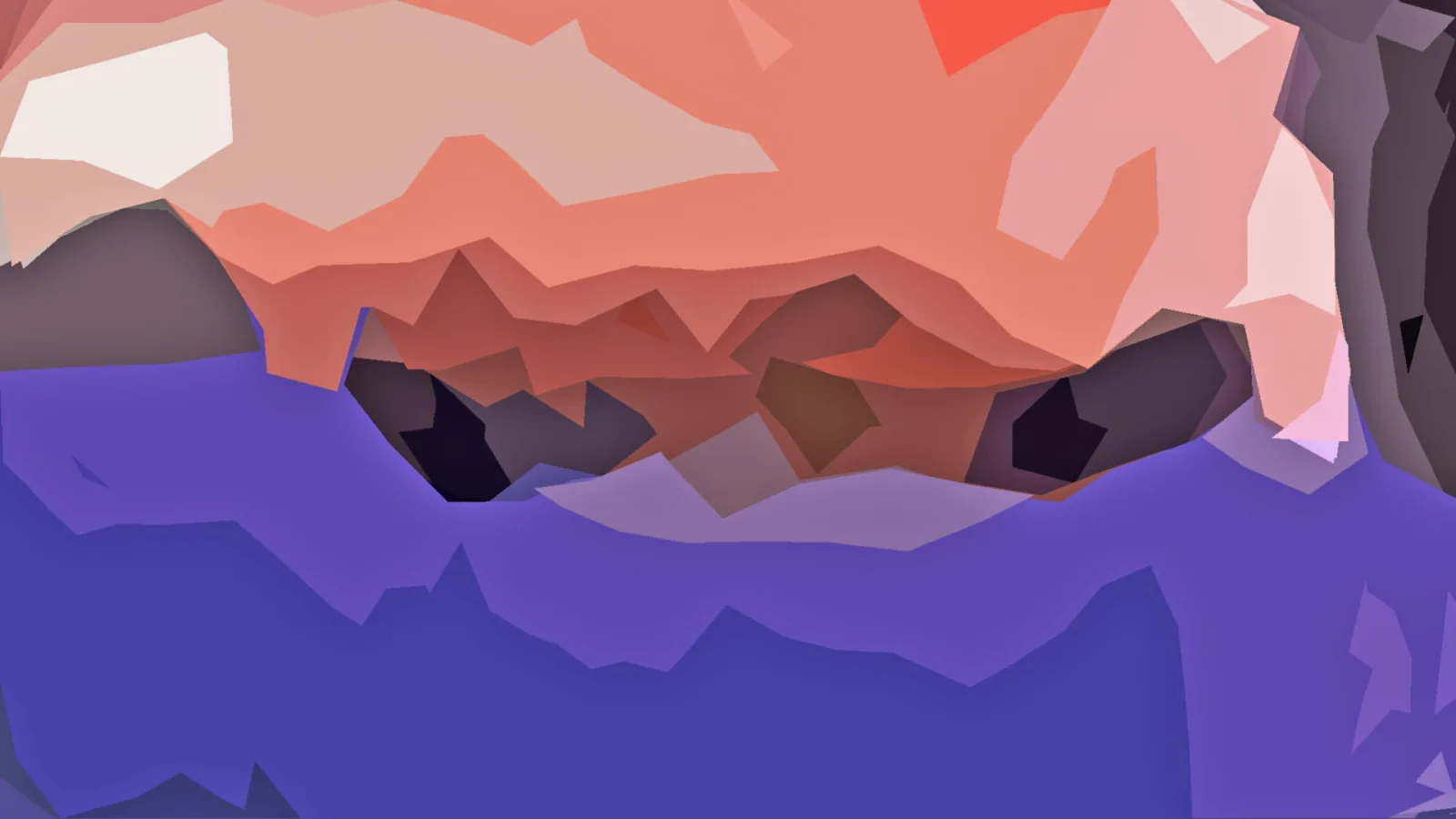 Abstrakte Komposition aus kantigen Flächen in Orange, Rosa und Violett, unten dominiert ein blauviolettes Feld.