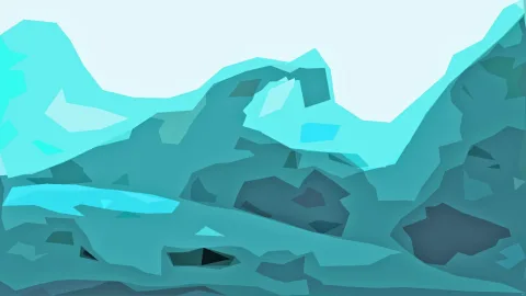 Abstrakte Komposition aus türkisfarbenen, kantigen Flächen, die an Felsen oder Gebirge erinnern, unter einem hellen Himmel.