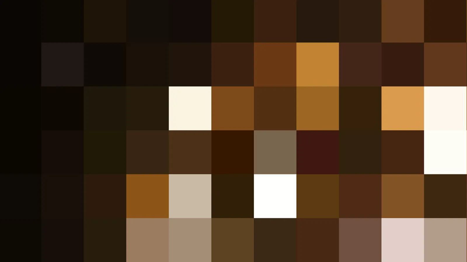 Abstraktes Mosaik aus quadratischen Pixelblöcken in Braun, Ocker, Creme und Weiß, links dunkel, rechts heller.