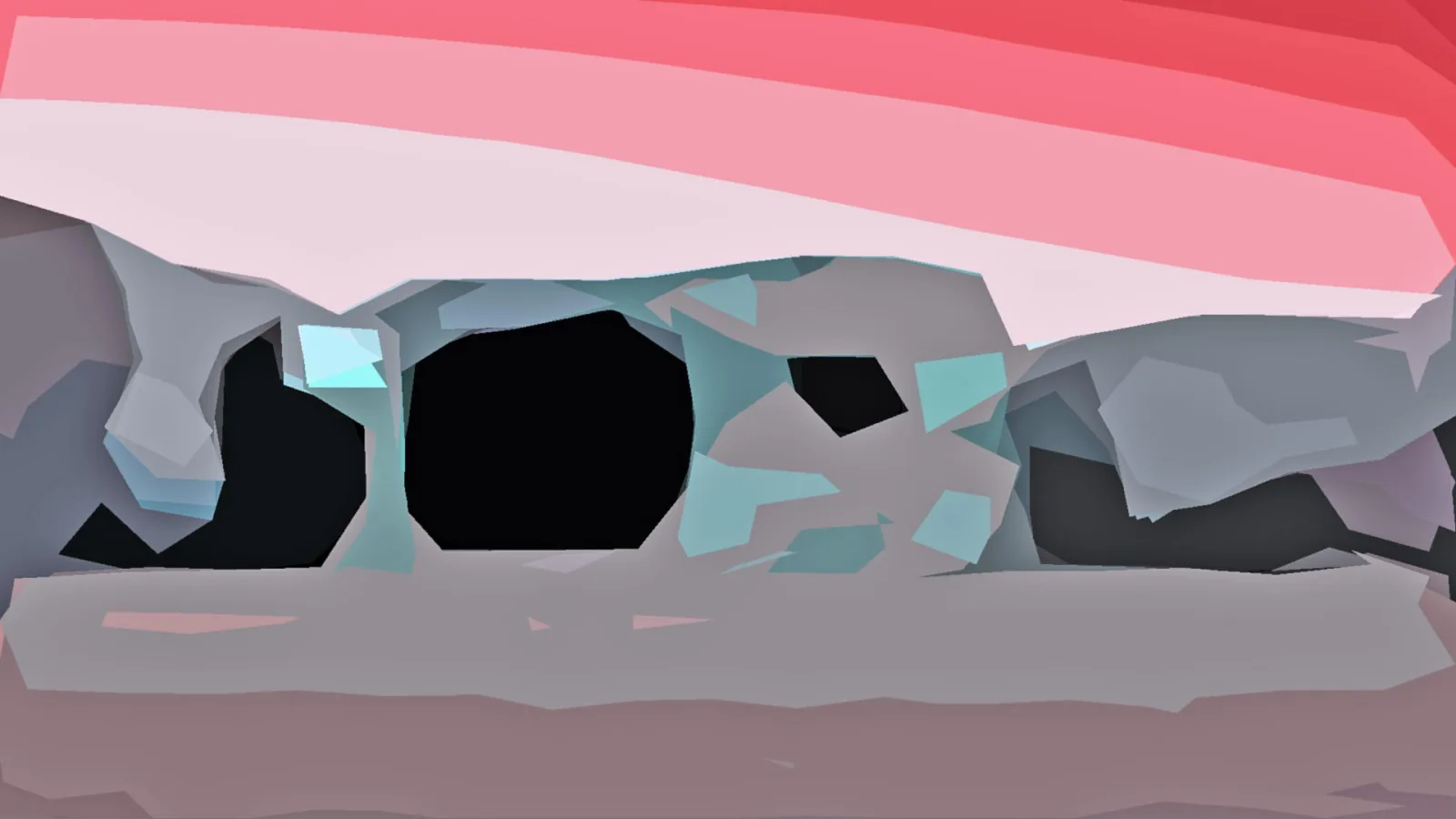 Abstrakte Low-Poly-Landschaft mit grauen Felsen, schwarzen Höhlenöffnungen und türkisen Facetten unter einem rosa Verlauf am Himmel.
