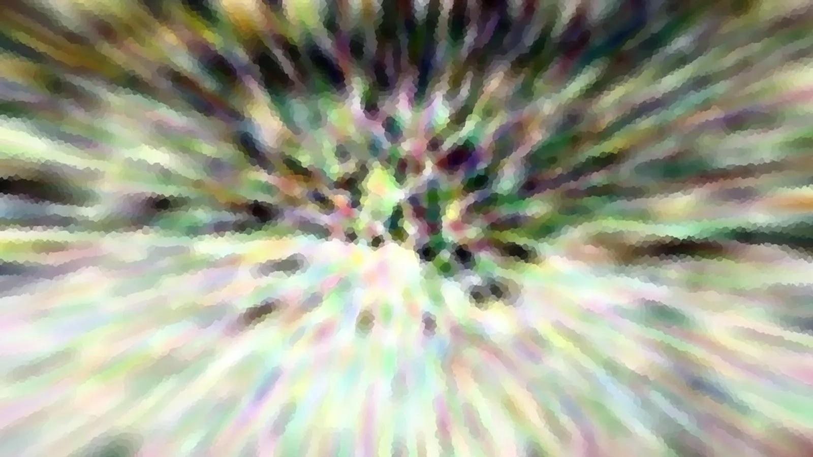 Abstrakte Komposition aus bunten, radial verlaufenden Schlieren und mosaikartigen Flächen in Grün, Rosa und Gelb, die zur Mitte hin zusammenlaufen.