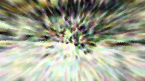 Abstrakte Komposition aus bunten, radial verlaufenden Schlieren und mosaikartigen Flächen in Grün, Rosa und Gelb, die zur Mitte hin zusammenlaufen.
