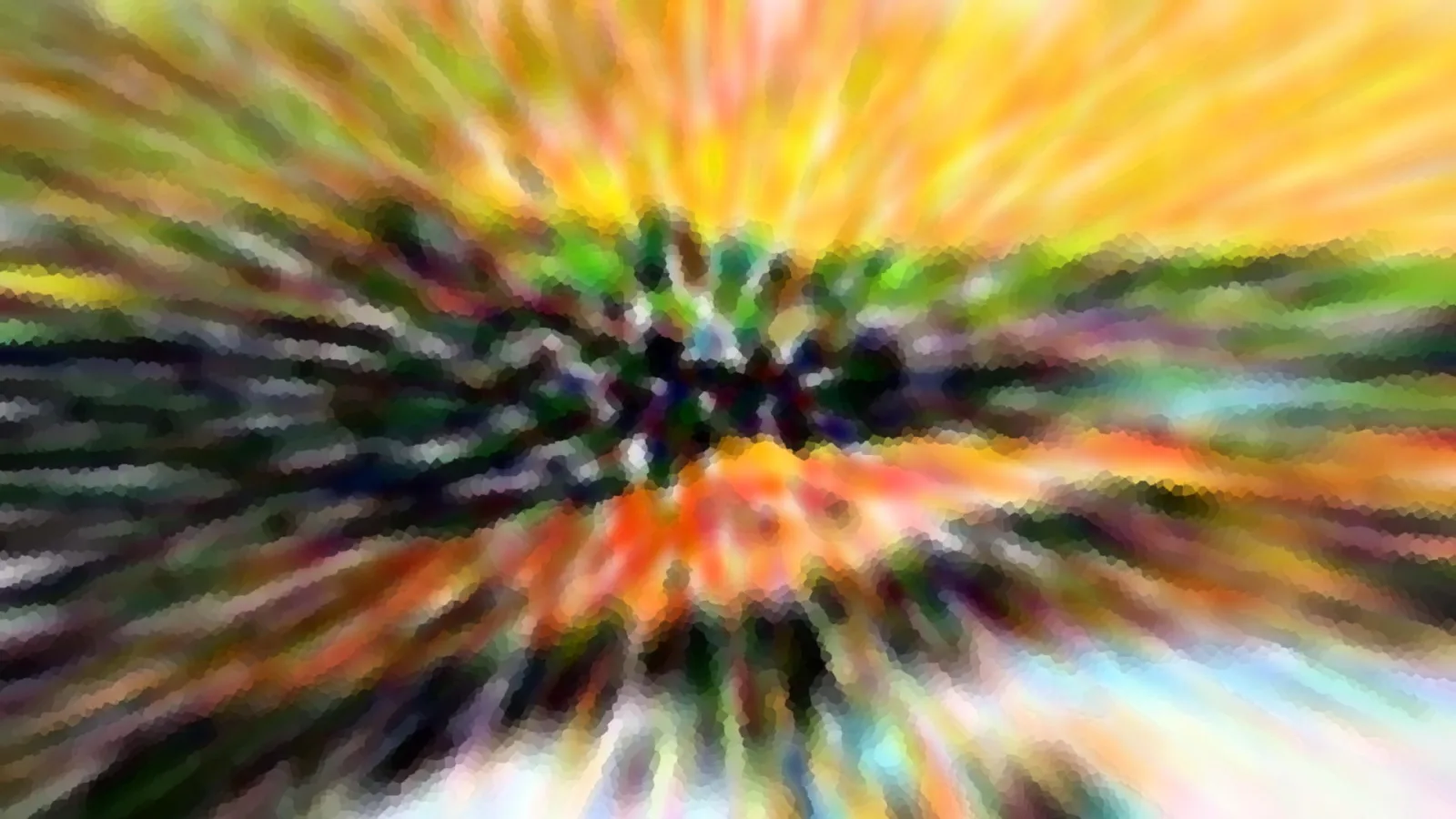 Abstrakte Komposition aus radial verwischten Streifen in Gelb, Orange und Grün mit dunklem Zentrum.