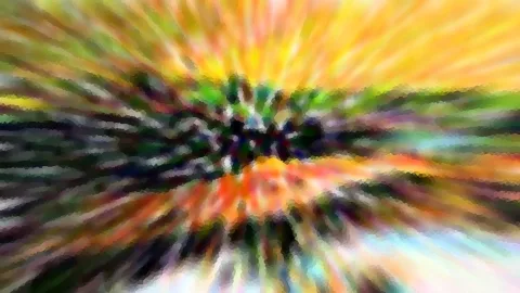 Abstrakte Komposition aus radial verwischten Streifen in Gelb, Orange und Grün mit dunklem Zentrum.
