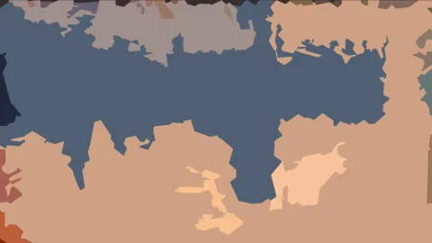 Abstrakte Komposition aus unregelmäßigen Flächen in Blaugrau, Sandbeige und Orange, mit einem dunklen Bereich am linken Rand.